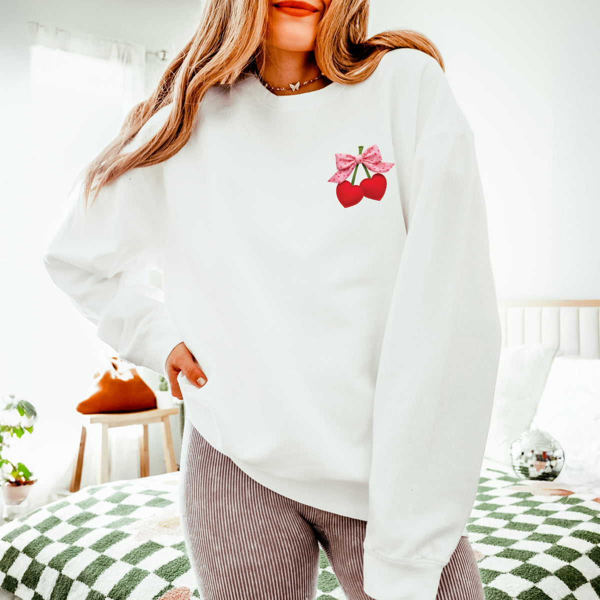 Cherry Hearts Pink Bow Patchwork Print - Women's Lightweight Garment Dyed Sweatshirt