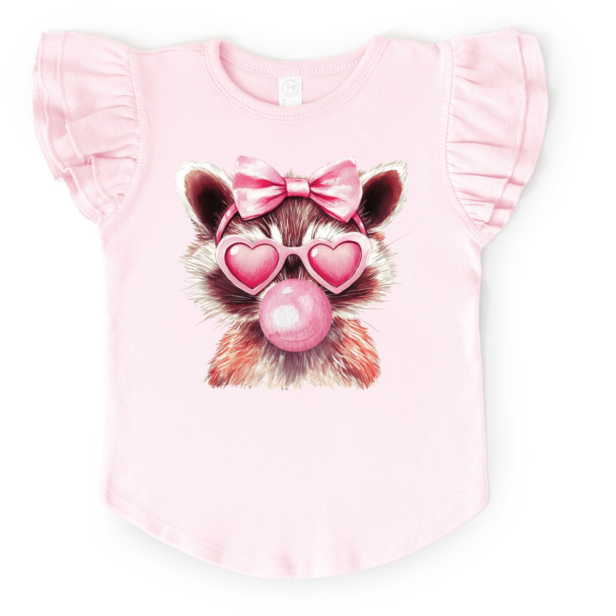 Valentine Raccoon With Bubblegum - Flutter Sleeve Graphic T-Shirt