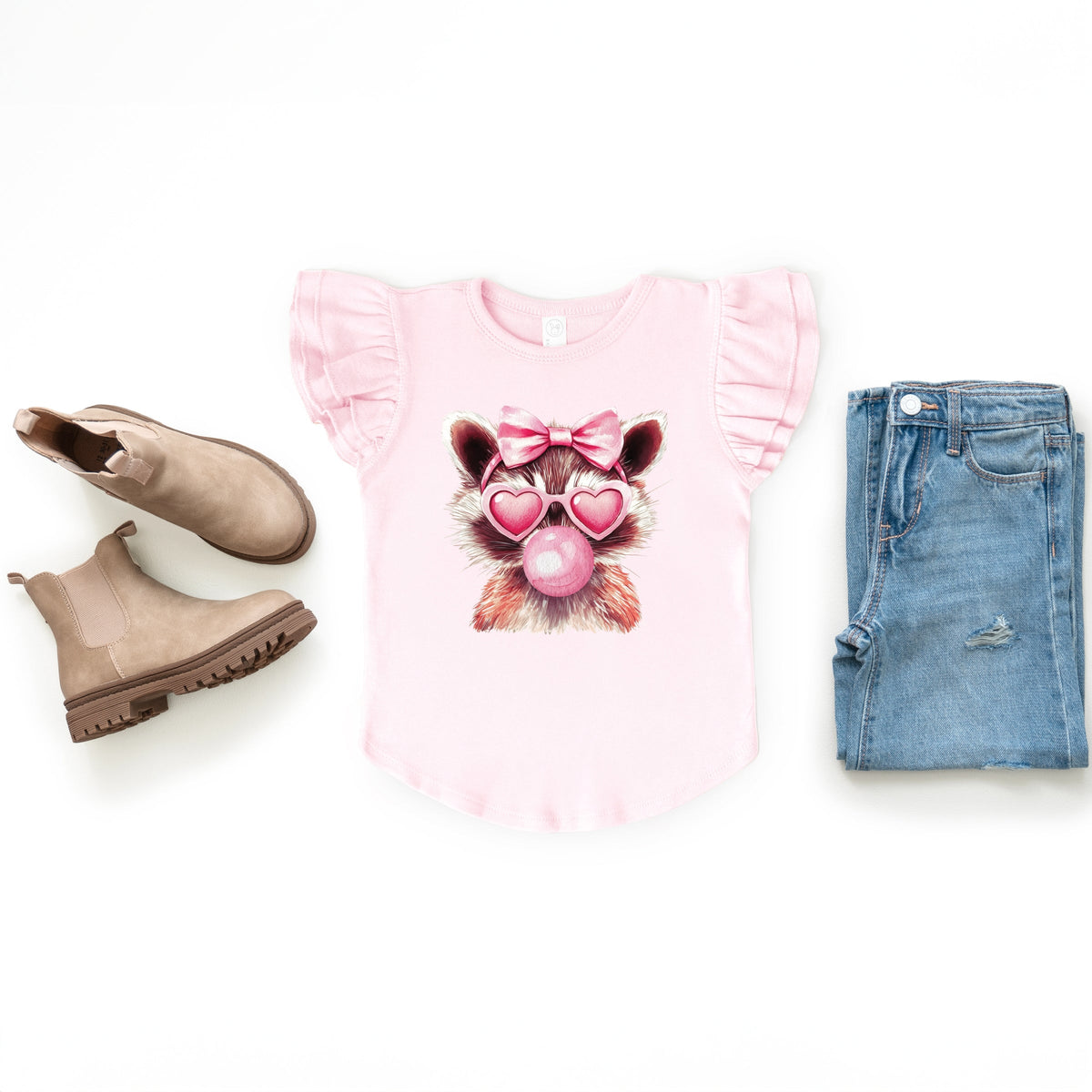 Valentine Raccoon With Bubblegum - Flutter Sleeve Graphic T-Shirt