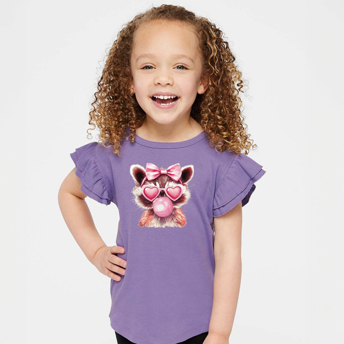 Valentine Raccoon With Bubblegum - Flutter Sleeve Graphic T-Shirt