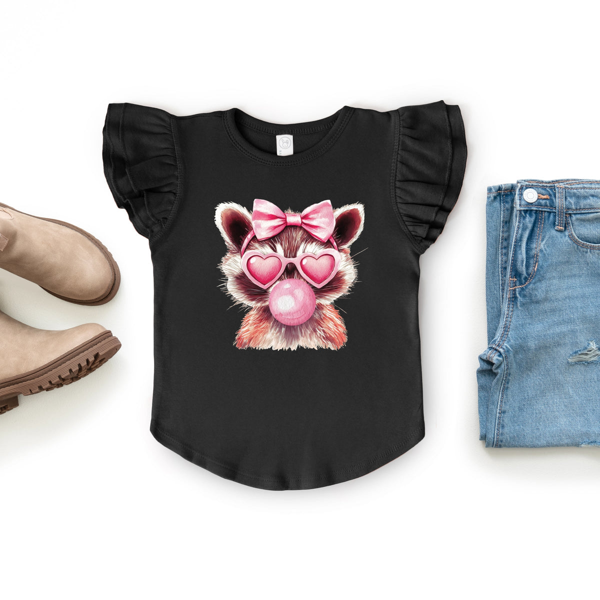 Valentine Raccoon With Bubblegum - Flutter Sleeve Graphic T-Shirt