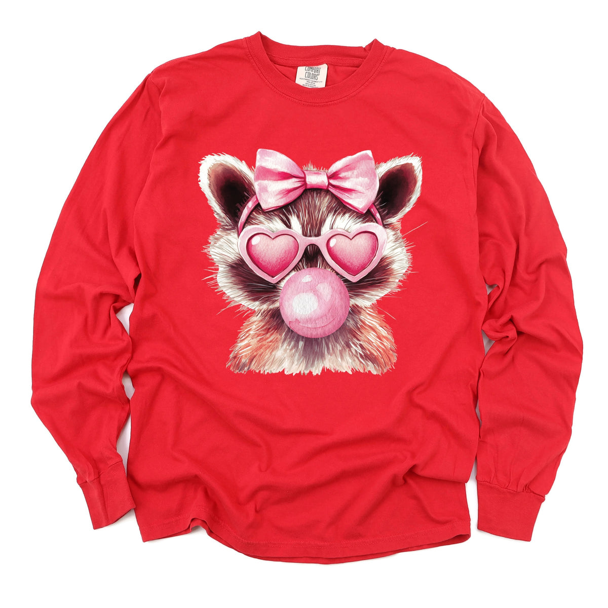 Valentine Raccoon With Bubblegum - Women's Garment Dyed Long Sleeve Graphic T-Shirt