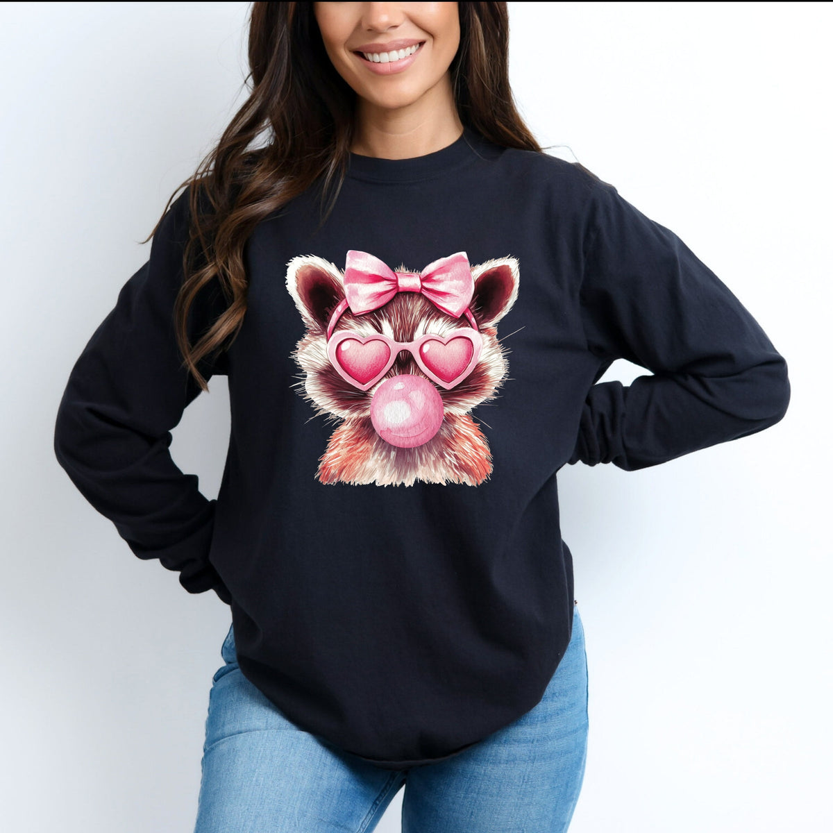 Valentine Raccoon With Bubblegum - Women's Garment Dyed Long Sleeve Graphic T-Shirt