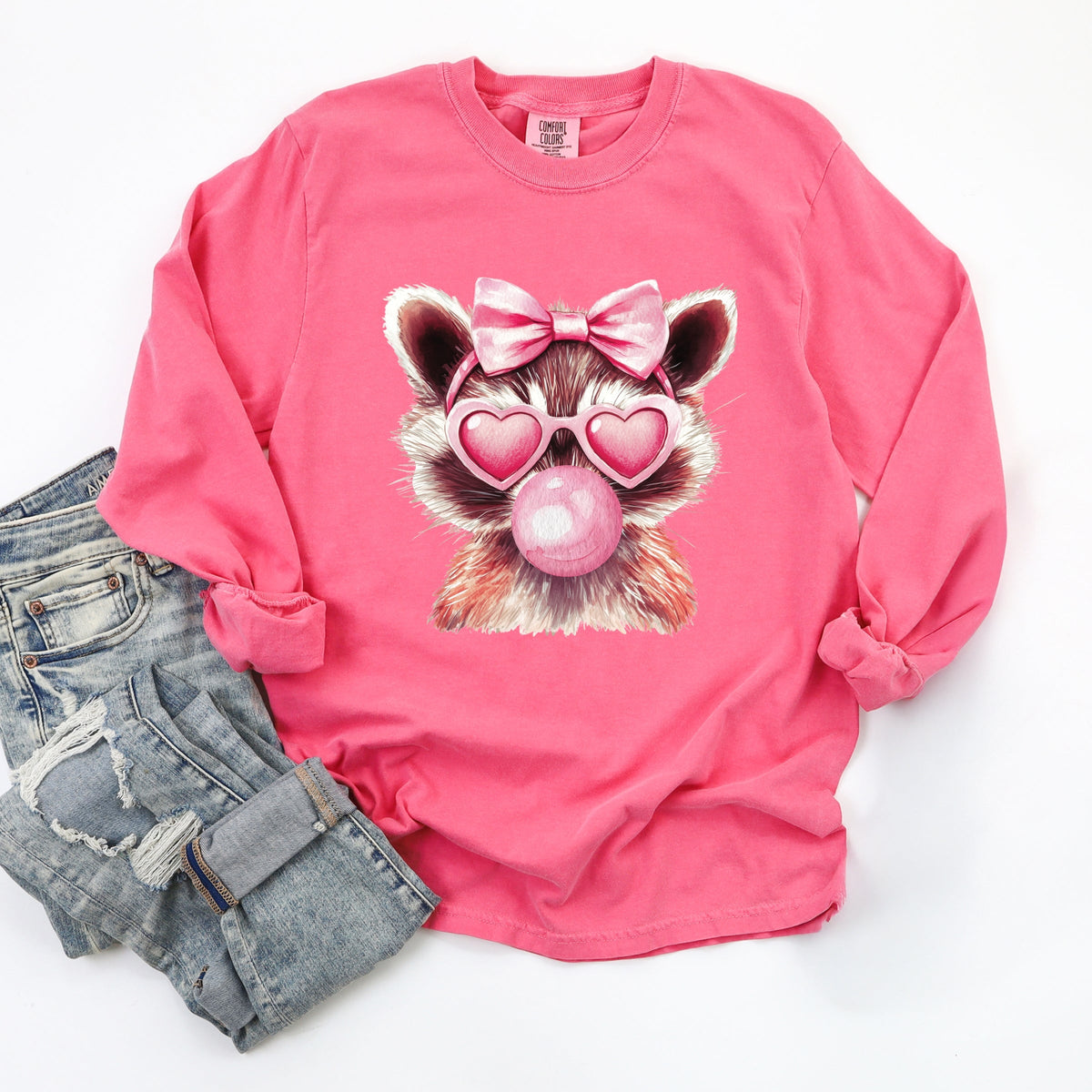 Valentine Raccoon With Bubblegum - Women's Garment Dyed Long Sleeve Graphic T-Shirt