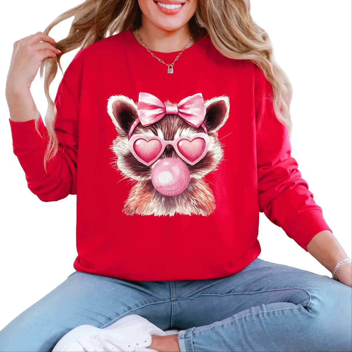 Valentine Raccoon With Bubblegum - Women's Garment Dyed Long Sleeve Graphic T-Shirt