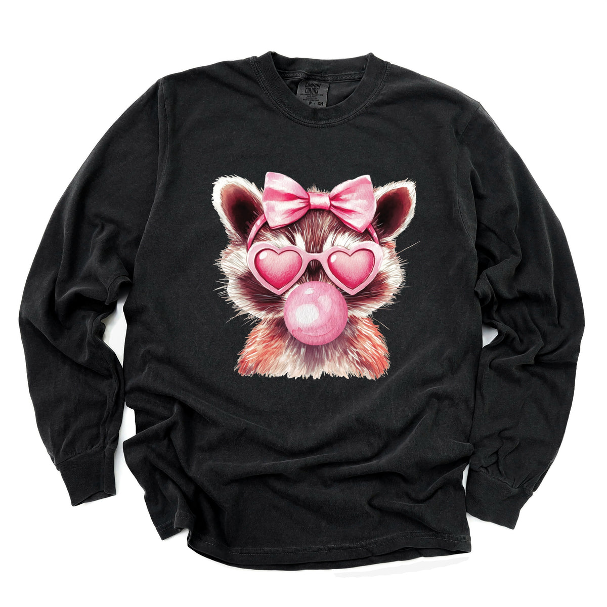 Valentine Raccoon With Bubblegum - Women's Garment Dyed Long Sleeve Graphic T-Shirt