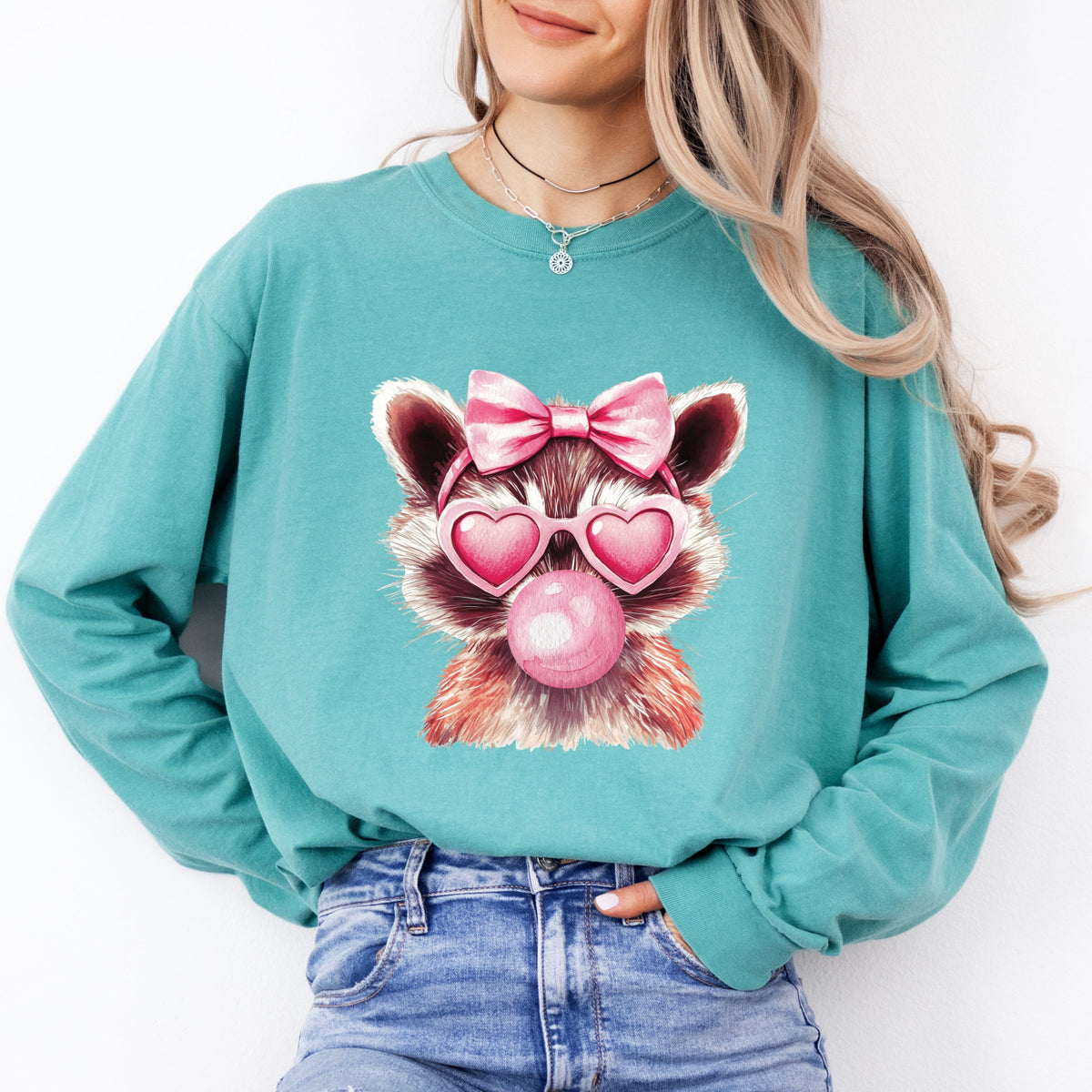 Valentine Raccoon With Bubblegum - Women's Garment Dyed Long Sleeve Graphic T-Shirt