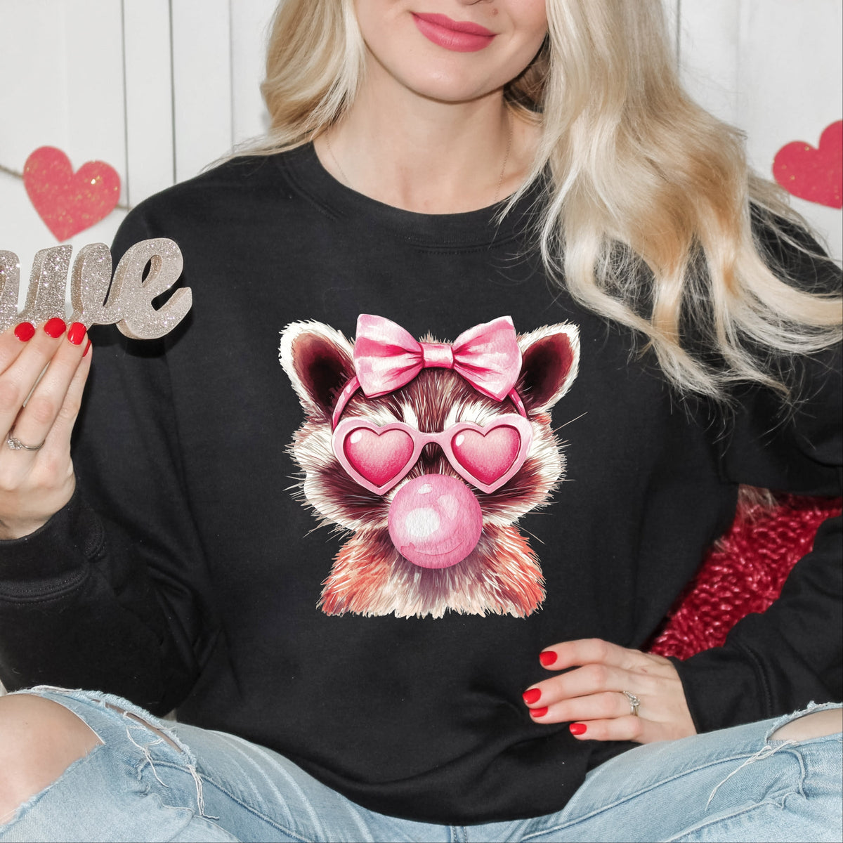 Valentine Raccoon With Bubblegum - Women's Graphic Sweatshirt