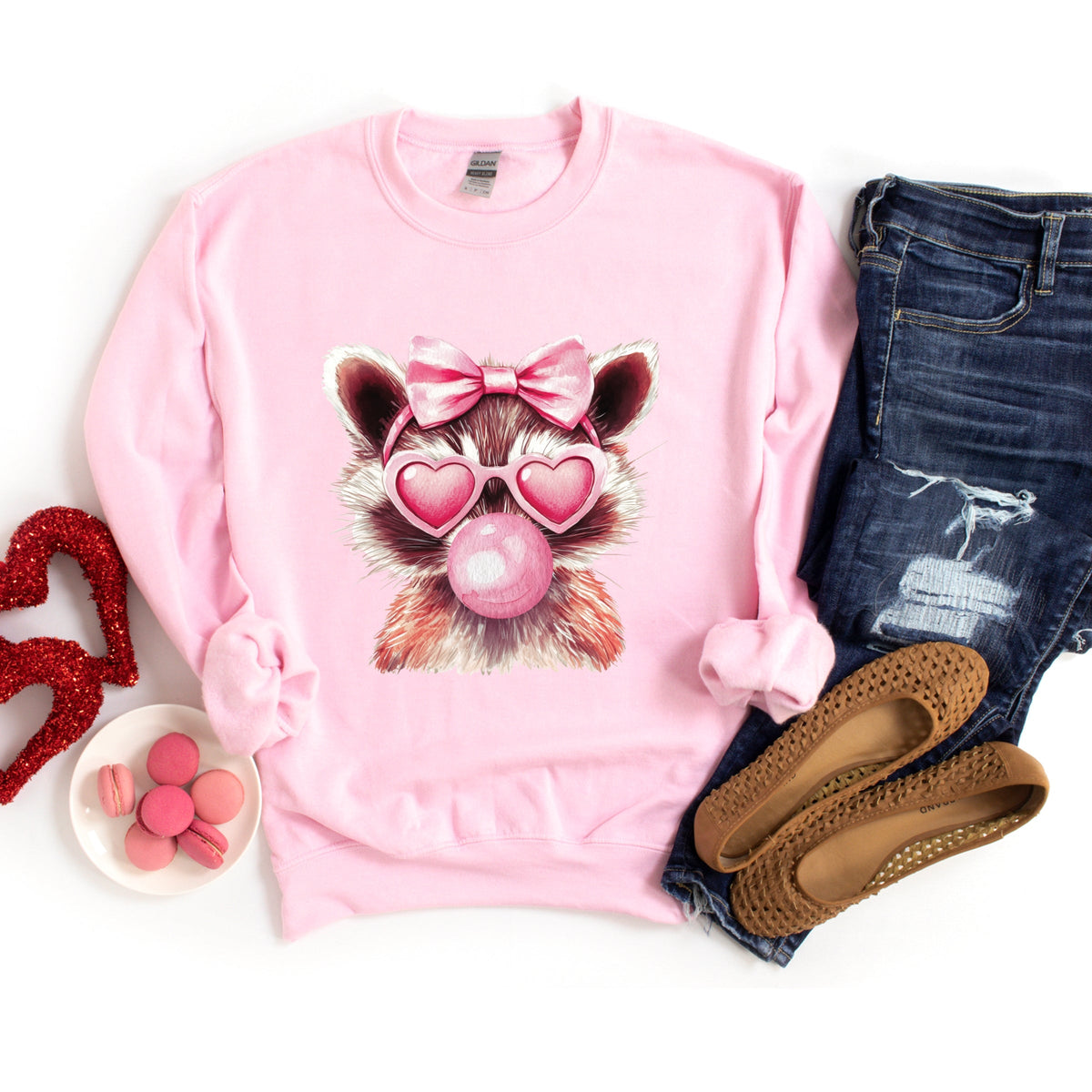 Valentine Raccoon With Bubblegum - Women's Graphic Sweatshirt