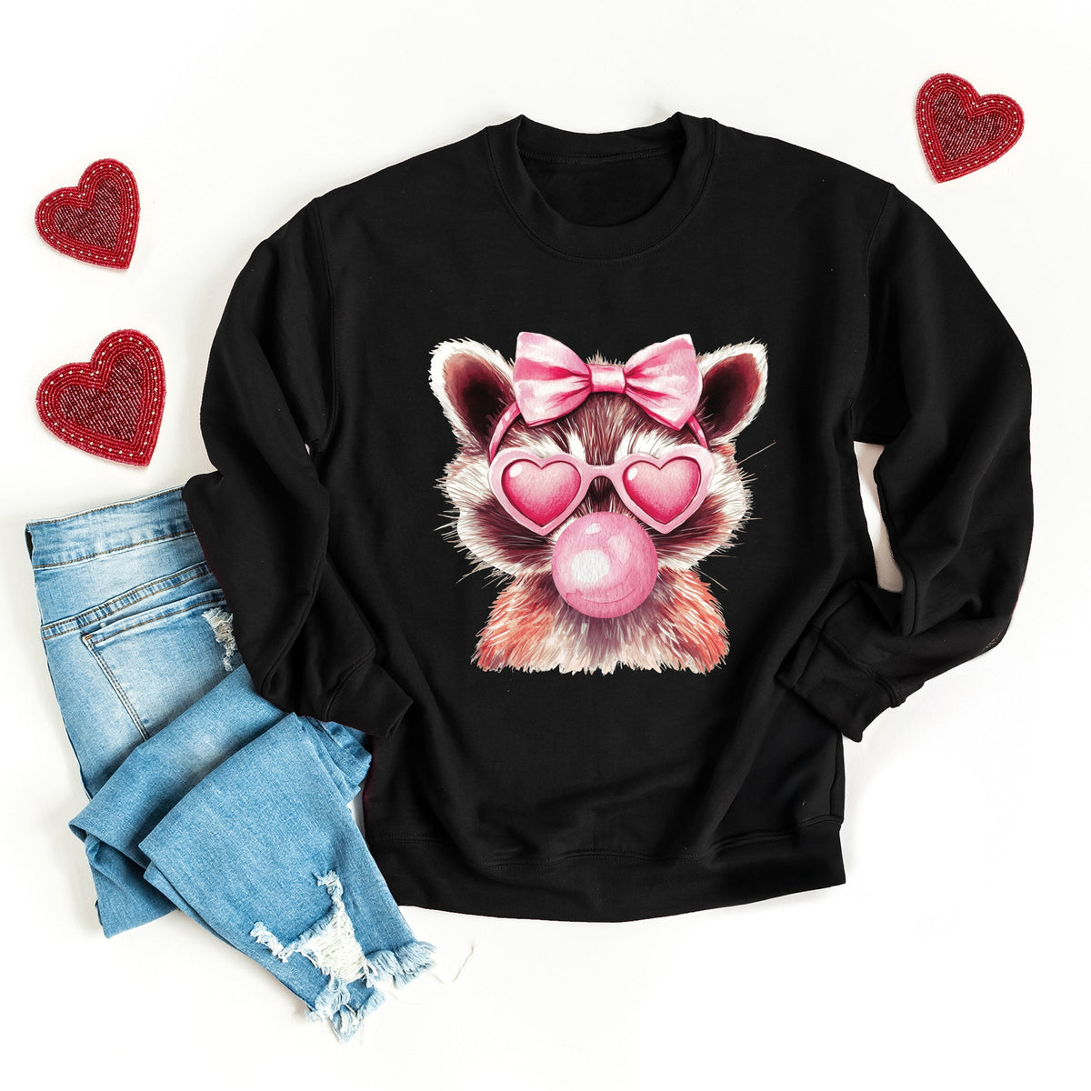 Valentine Raccoon With Bubblegum - Women's Graphic Sweatshirt