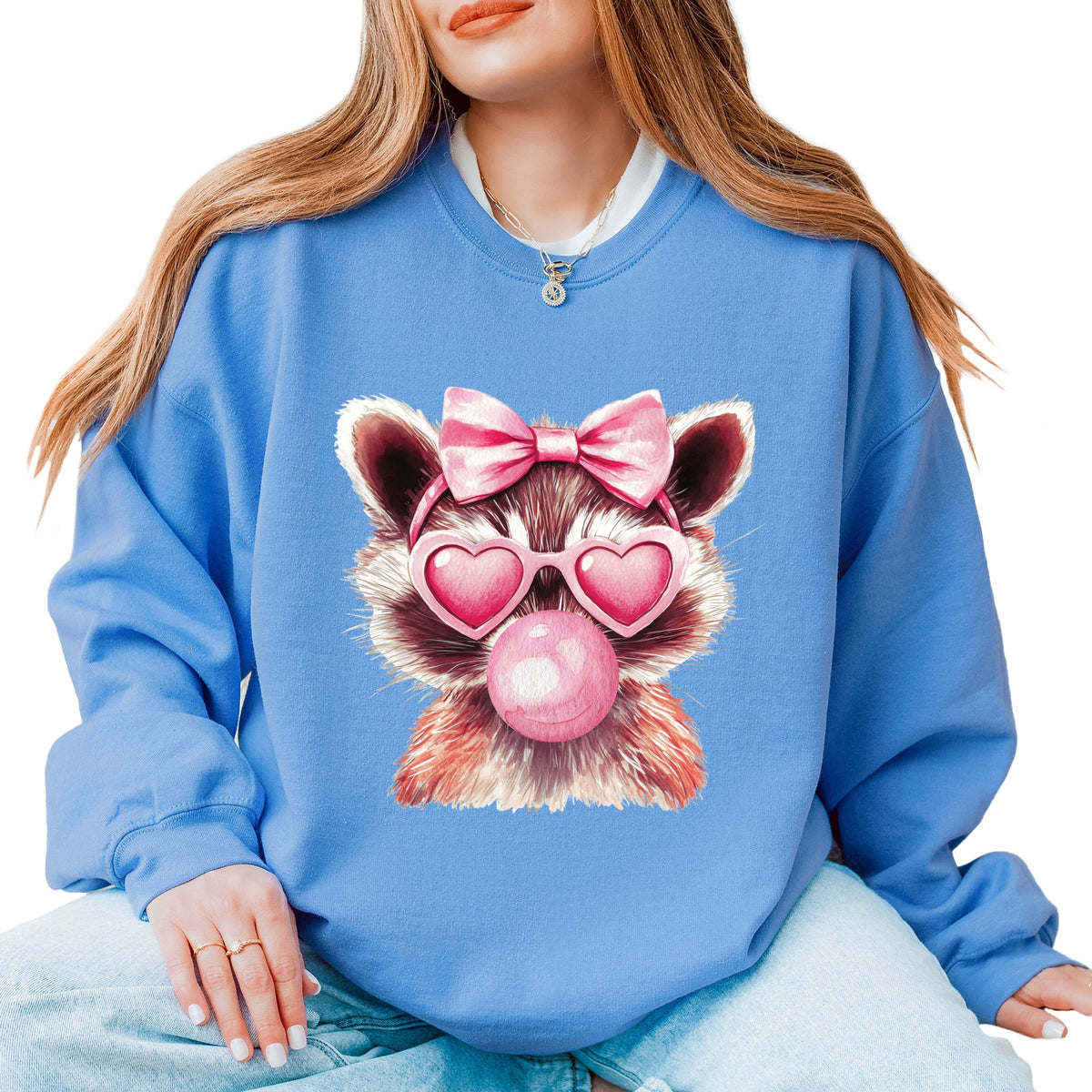 Valentine Raccoon With Bubblegum - Women's Graphic Sweatshirt