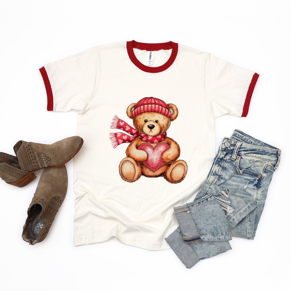 Valentine Teddy Bear Beanie - Women's Ringer Graphic T-Shirt