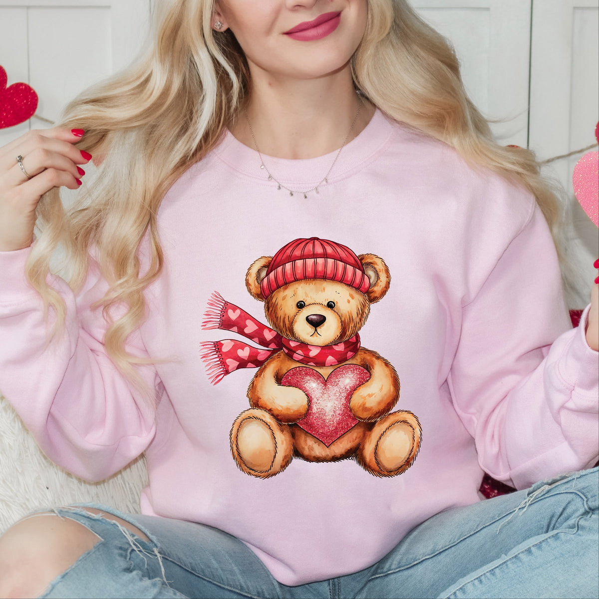 Valentine Teddy Bear Beanie - Women's Graphic Sweatshirt