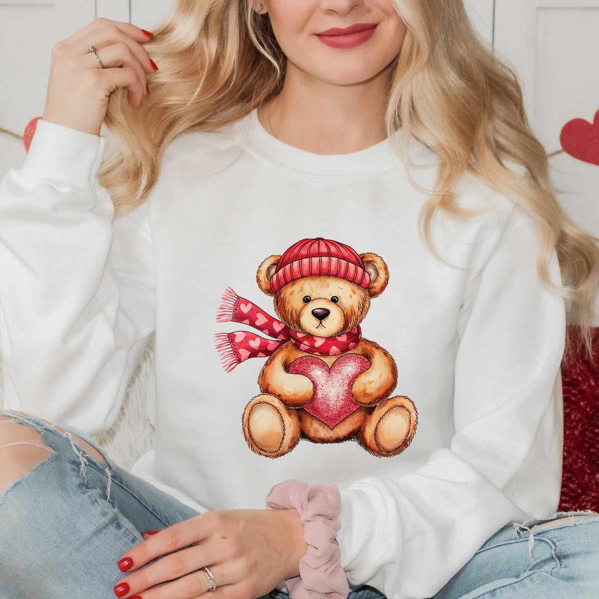 Valentine Teddy Bear Beanie - Women's Graphic Sweatshirt