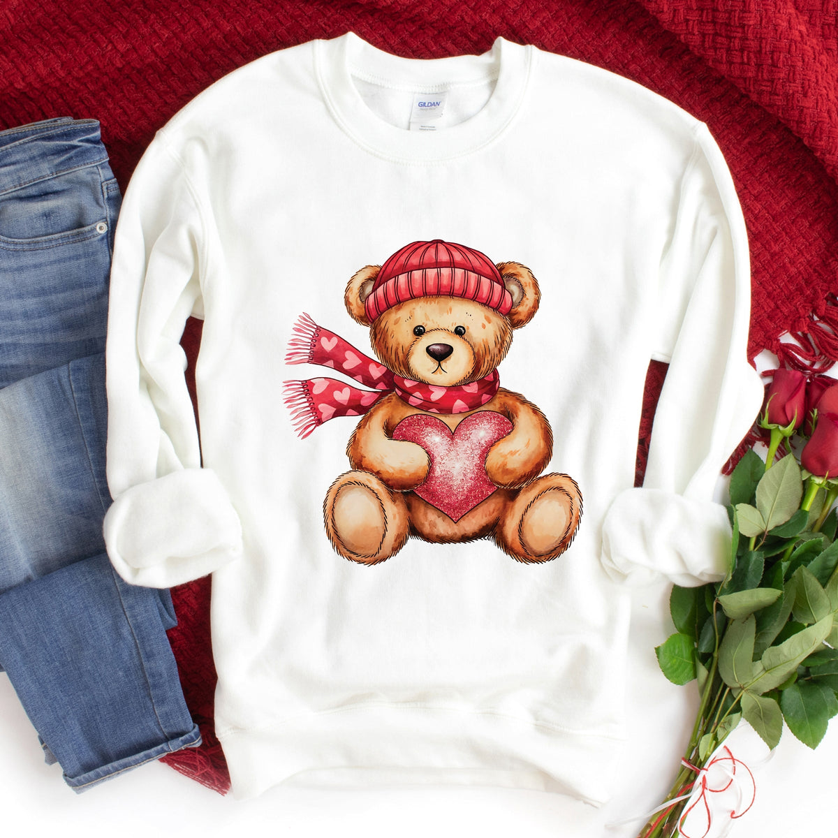 Valentine Teddy Bear Beanie - Women's Graphic Sweatshirt