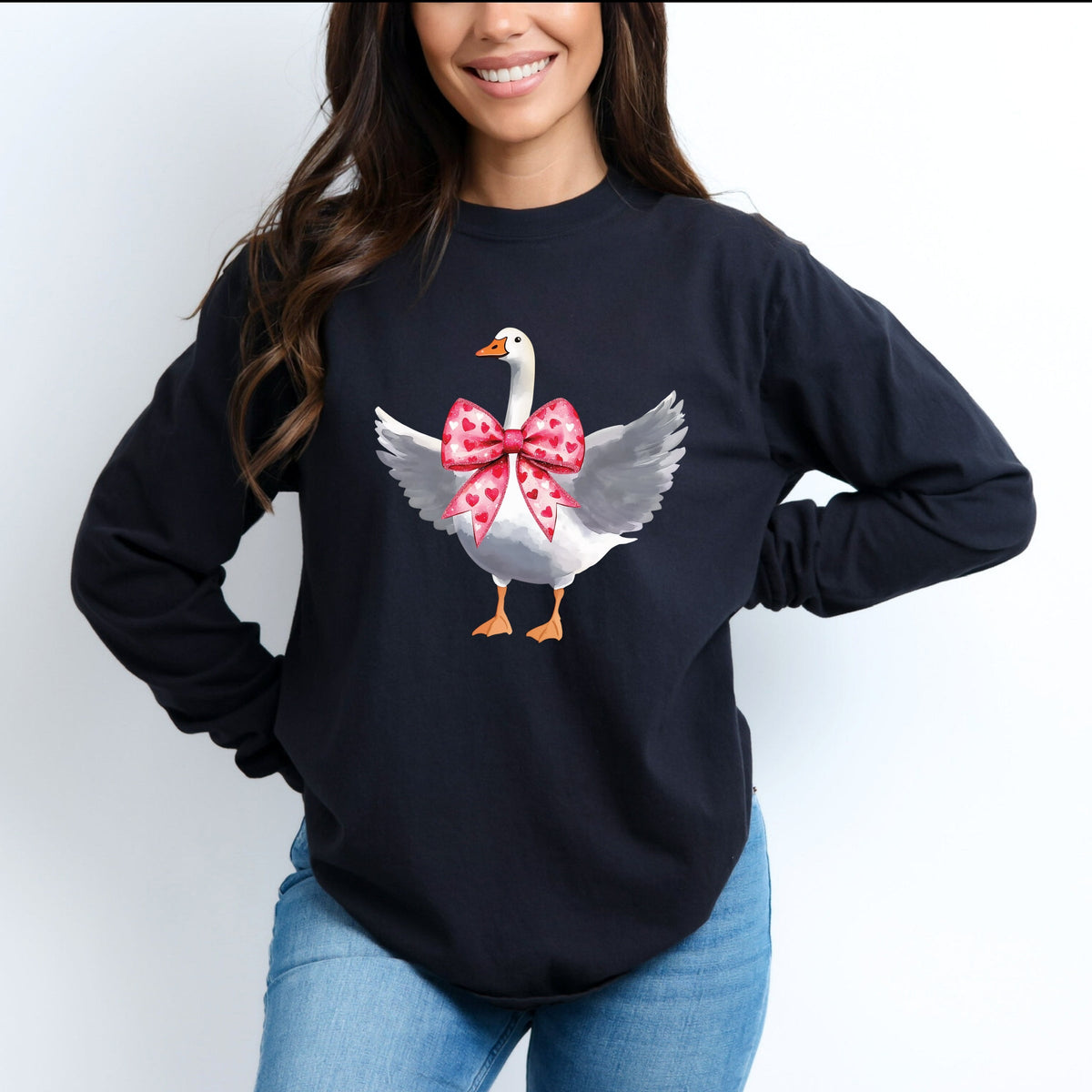 Valentine Goose Coquette - Women's Garment Dyed Long Sleeve Graphic T-Shirt