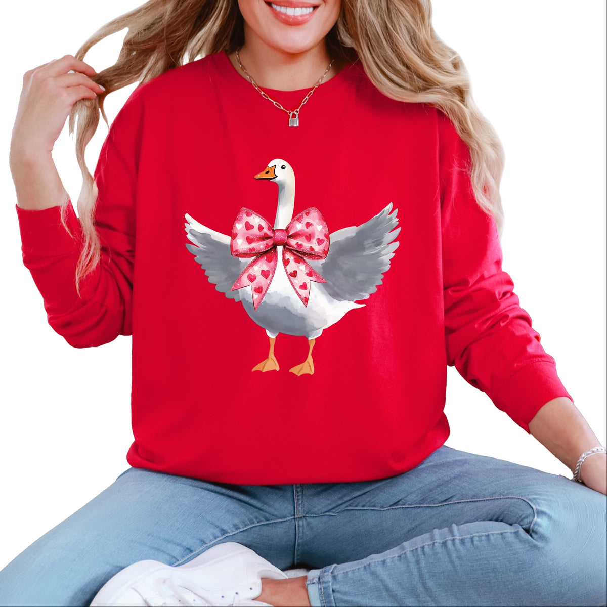 Valentine Goose Coquette - Women's Garment Dyed Long Sleeve Graphic T-Shirt
