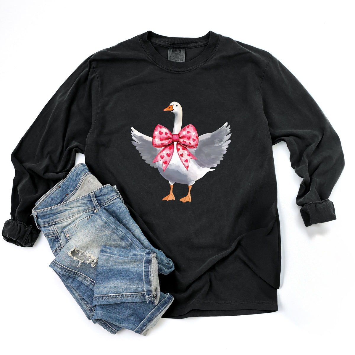 Valentine Goose Coquette - Women's Garment Dyed Long Sleeve Graphic T-Shirt