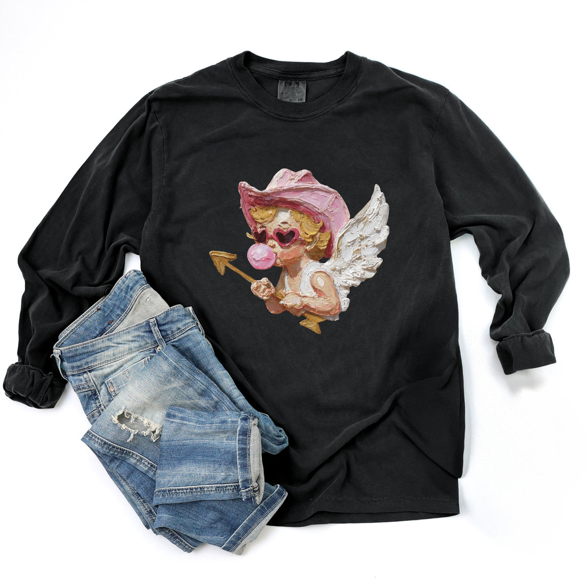 Cupid Heart Eyes Paint - Women's Garment Dyed Long Sleeve Graphic T-Shirt