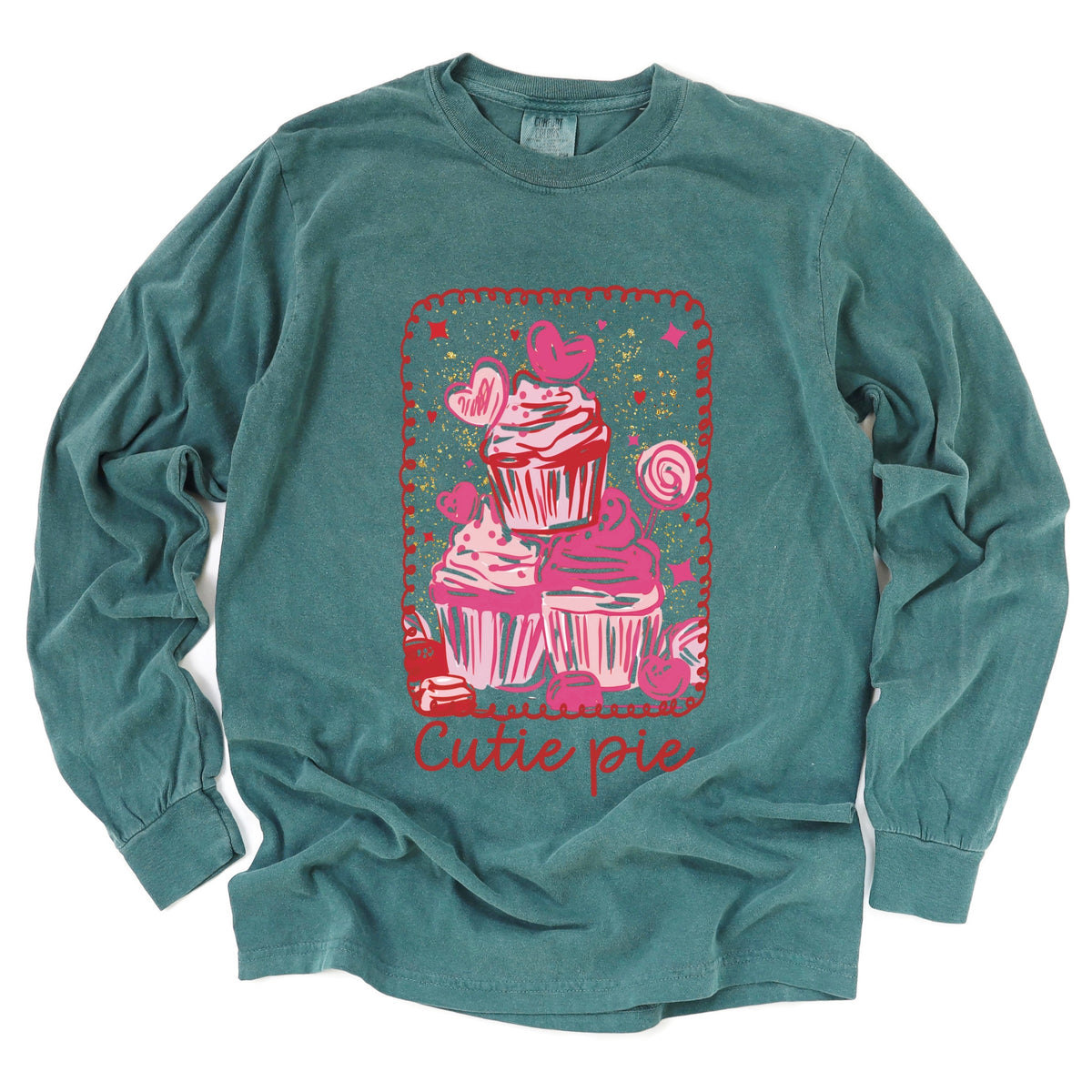 Cutie Pie Cupcakes Frame - Women's Garment Dyed Long Sleeve Graphic T-Shirt
