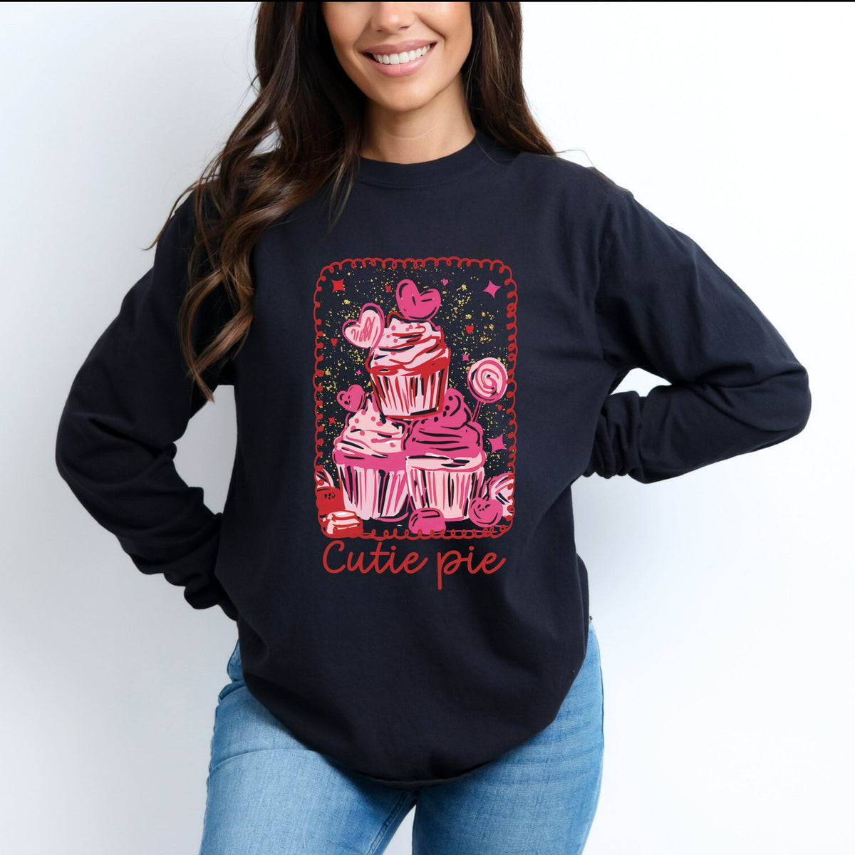 Cutie Pie Cupcakes Frame - Women's Garment Dyed Long Sleeve Graphic T-Shirt