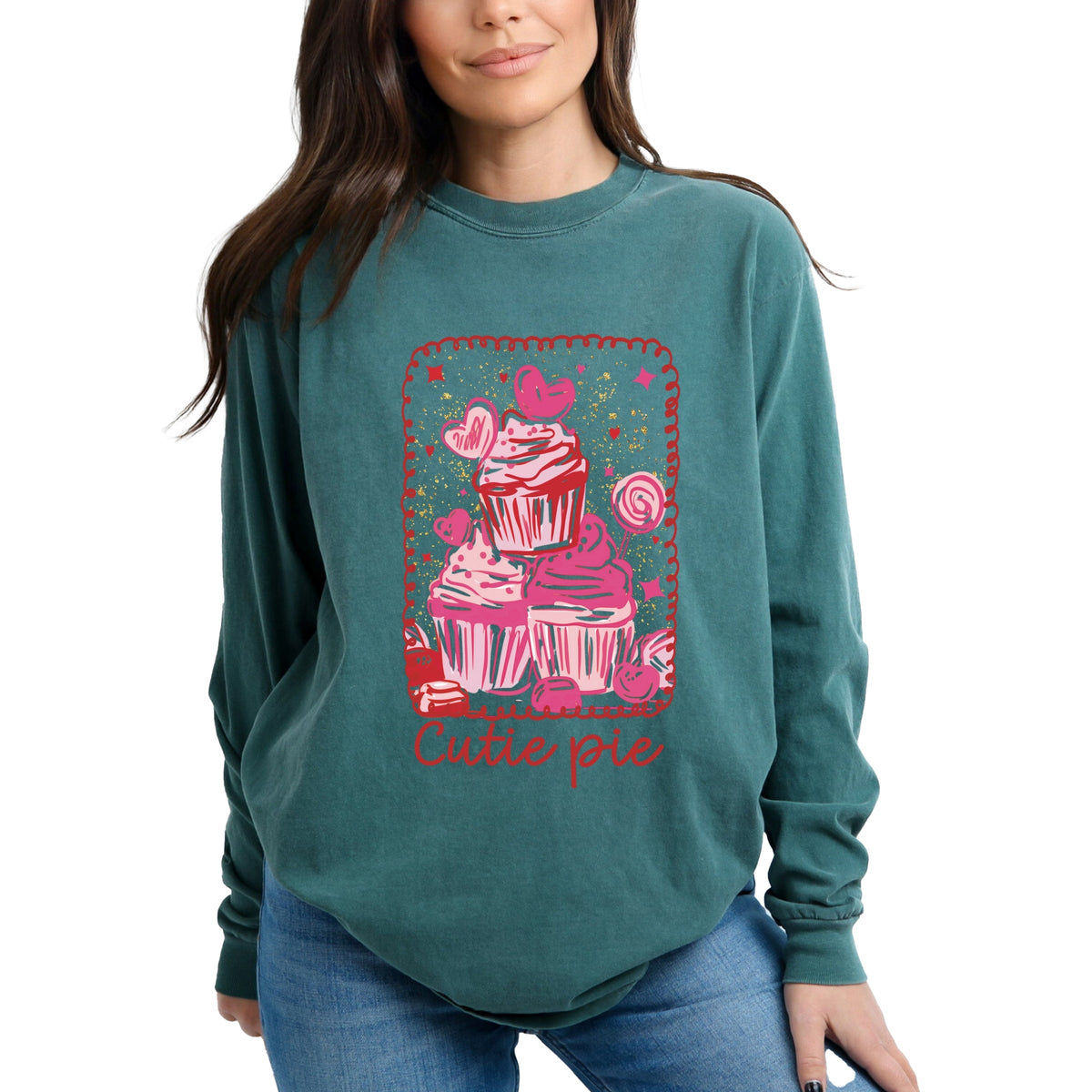 Cutie Pie Cupcakes Frame - Women's Garment Dyed Long Sleeve Graphic T-Shirt