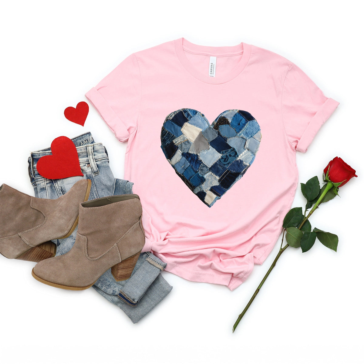 Demin Heart Print - Women's Short Sleeve Graphic T-Shirt