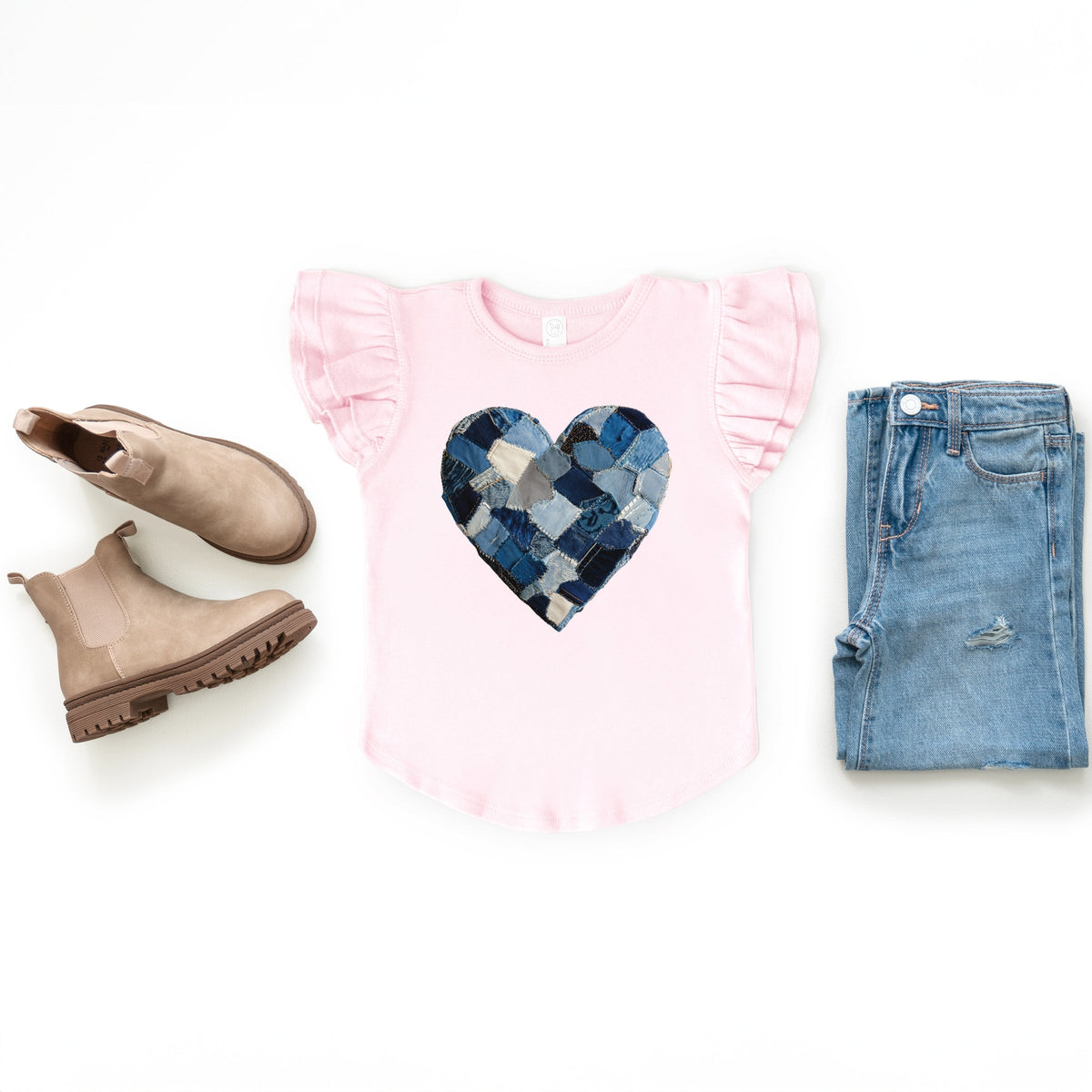 Demin Heart Print - Flutter Sleeve Graphic T-Shirt