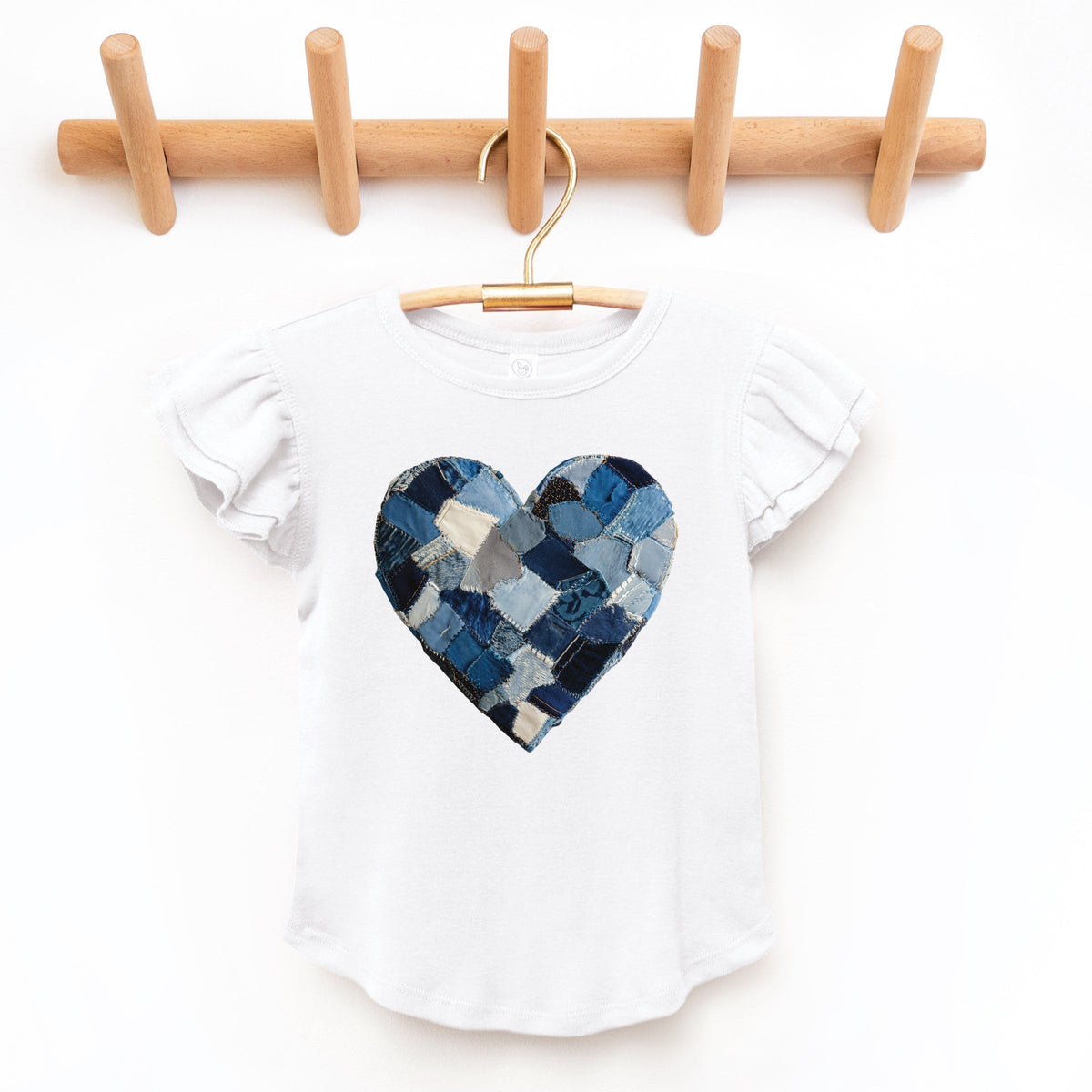 Demin Heart Print - Flutter Sleeve Graphic T-Shirt