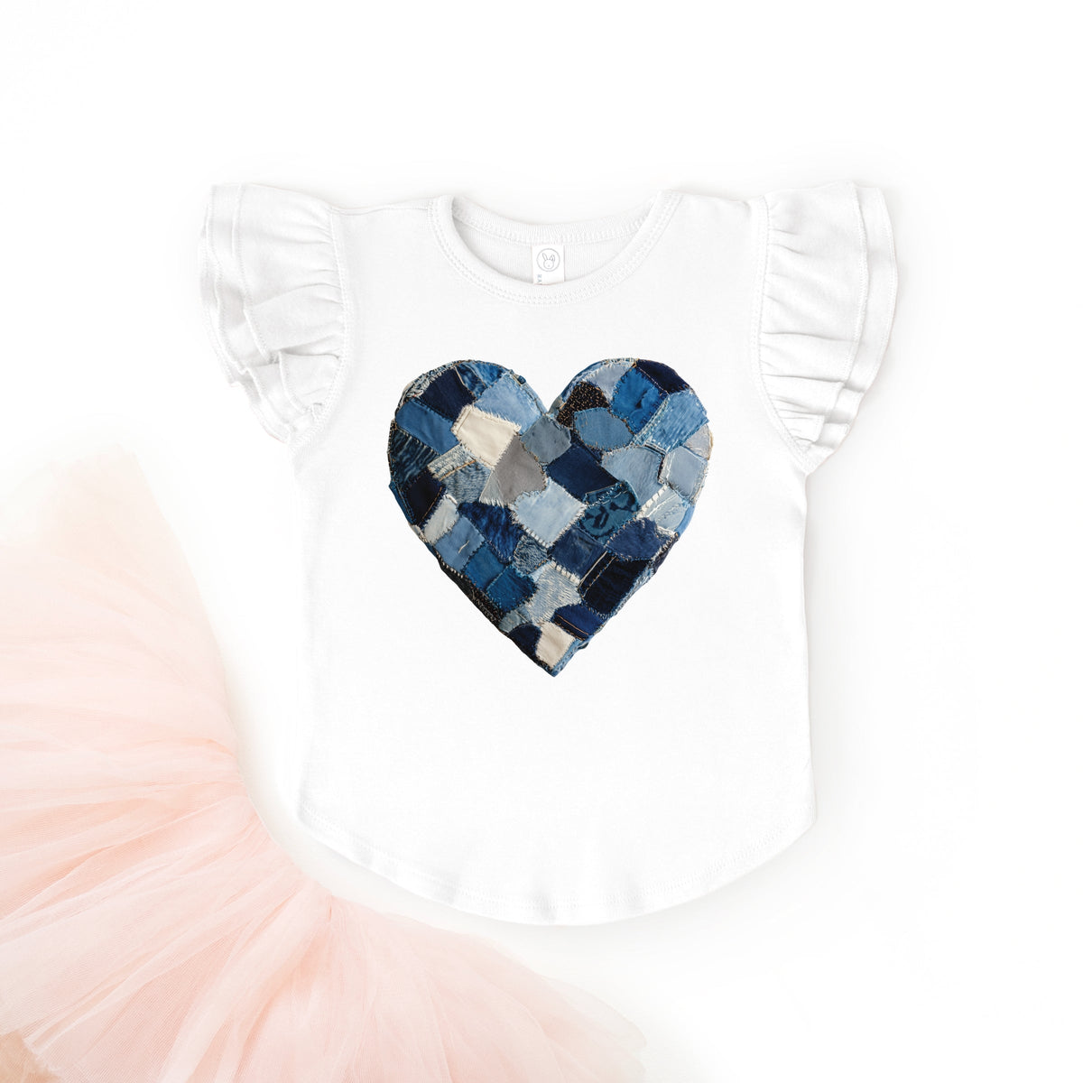 Demin Heart Print - Flutter Sleeve Graphic T-Shirt