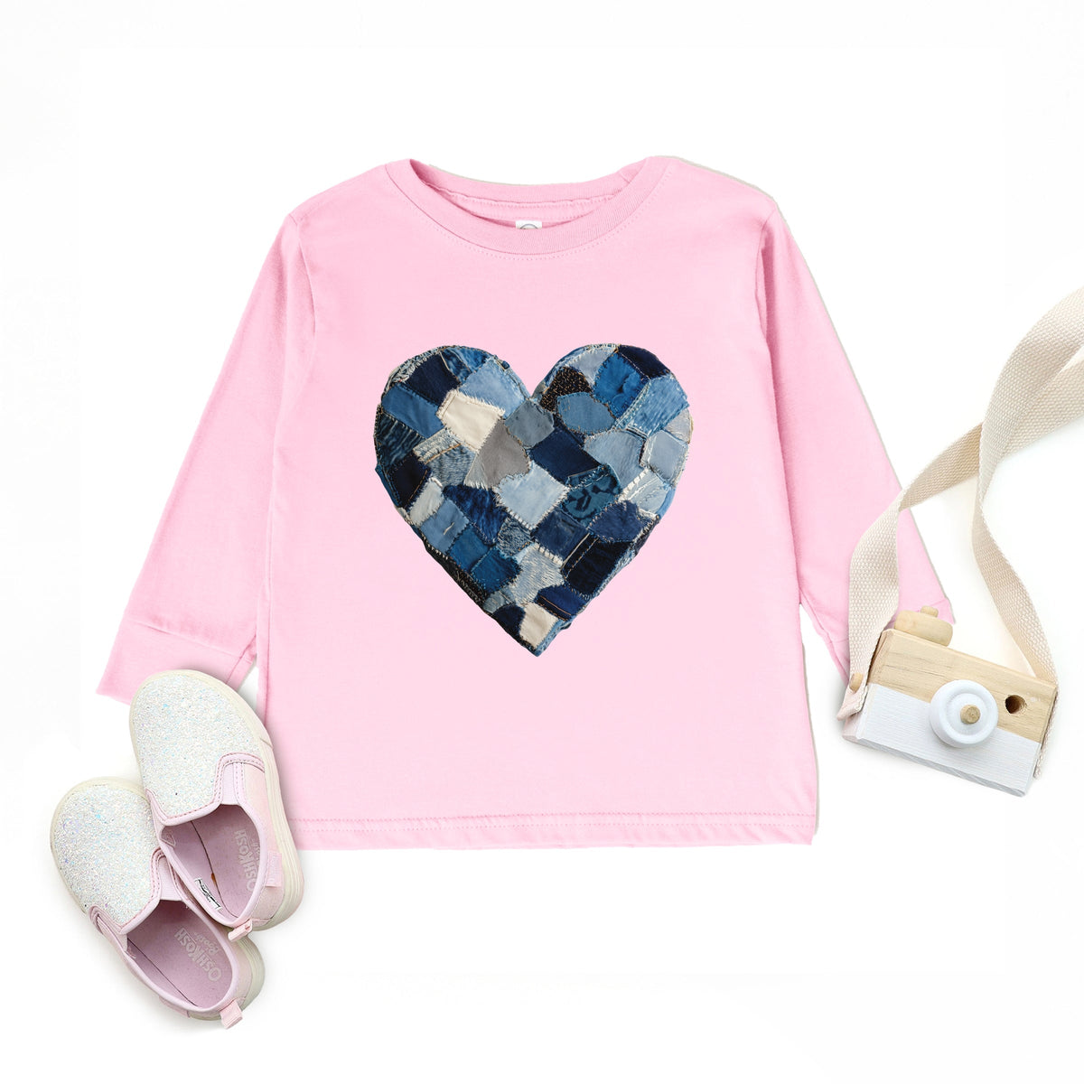 Demin Heart Print - Toddler Long Sleeve Graphic Tee
