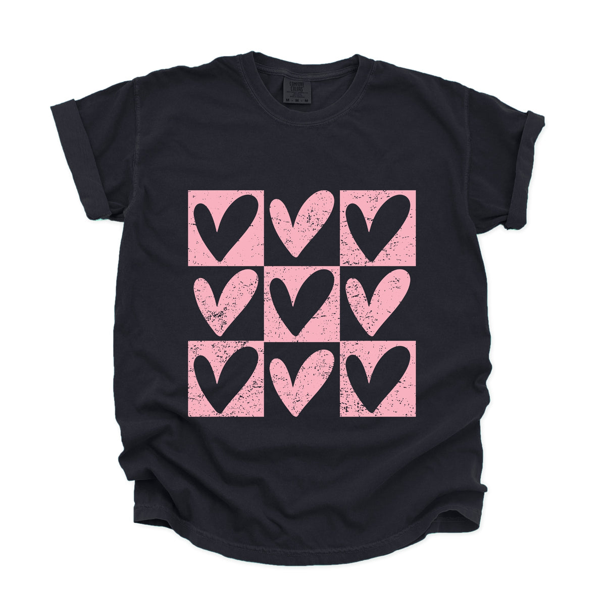 Pink Heart Checkered Chart - Women's Garment Dyed Graphic T-Shirt