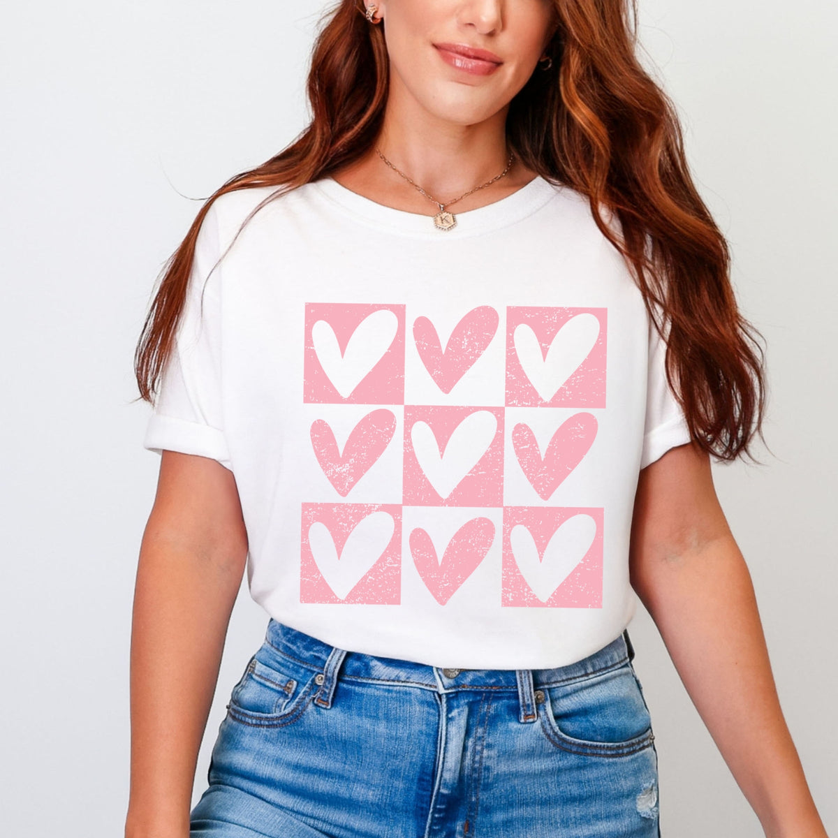 Pink Heart Checkered Chart - Women's Garment Dyed Graphic T-Shirt