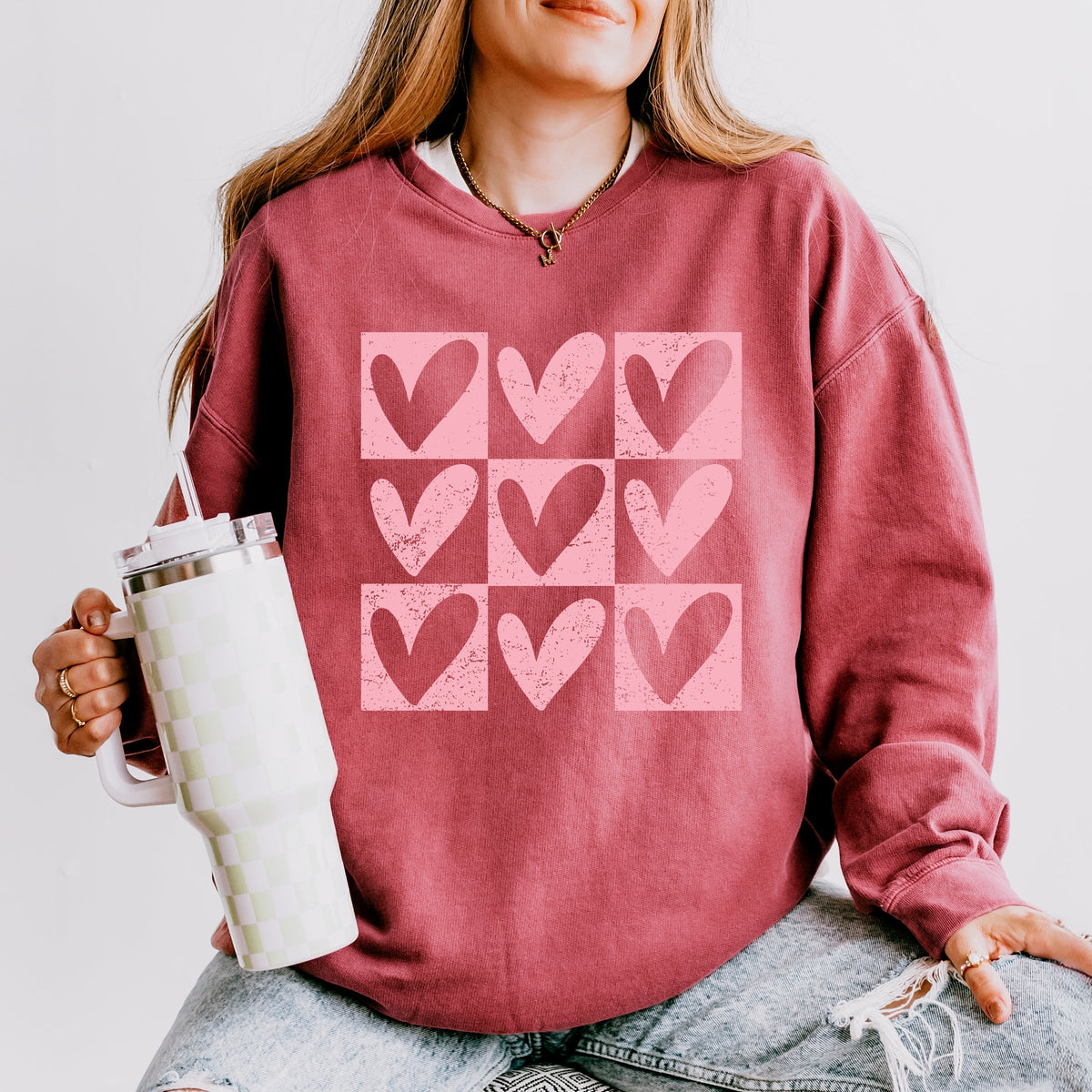 Pink Heart Checkered Chart - Women's Lightweight Garment Dyed Sweatshirt