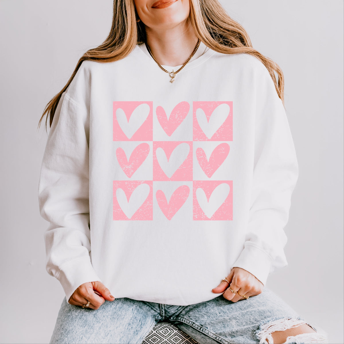 Pink Heart Checkered Chart - Women's Lightweight Garment Dyed Sweatshirt