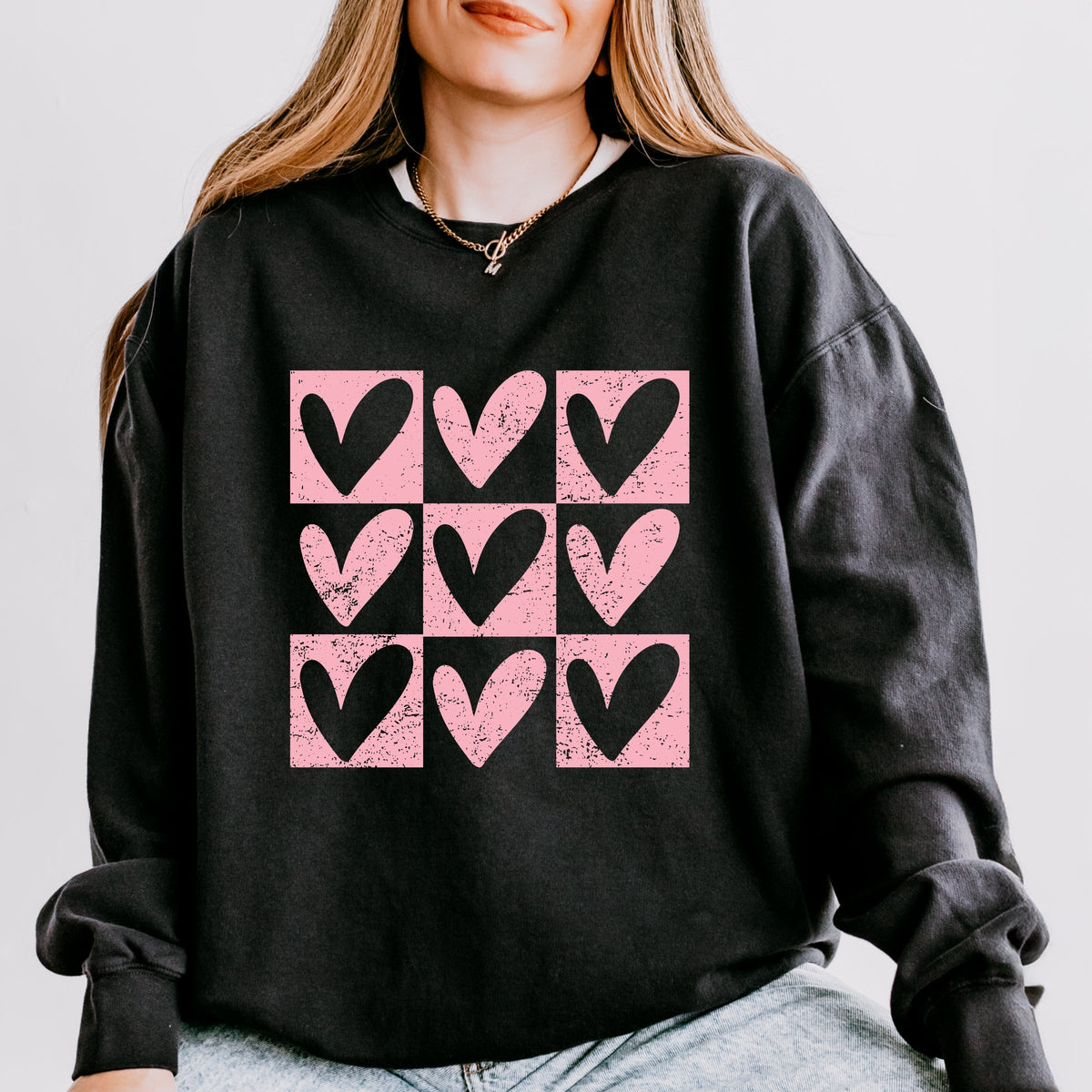 Pink Heart Checkered Chart - Women's Lightweight Garment Dyed Sweatshirt