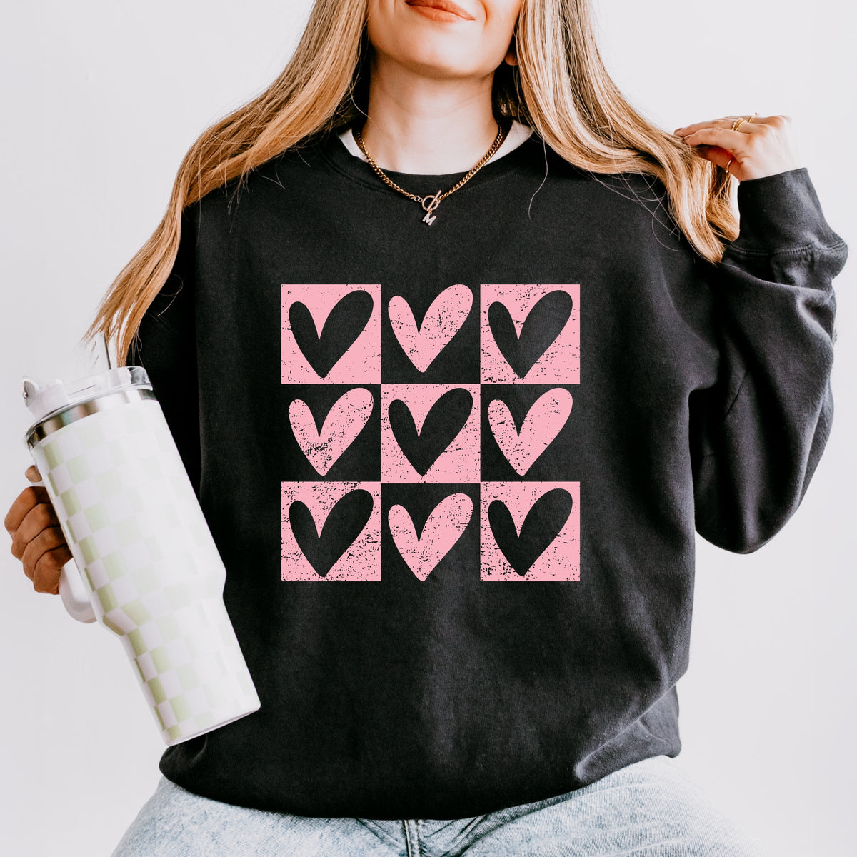 Pink Heart Checkered Chart - Women's Lightweight Garment Dyed Sweatshirt