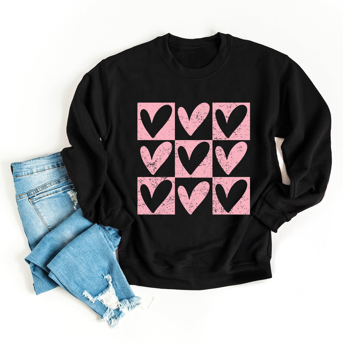 Pink Heart Checkered Chart - Women's Graphic Sweatshirt