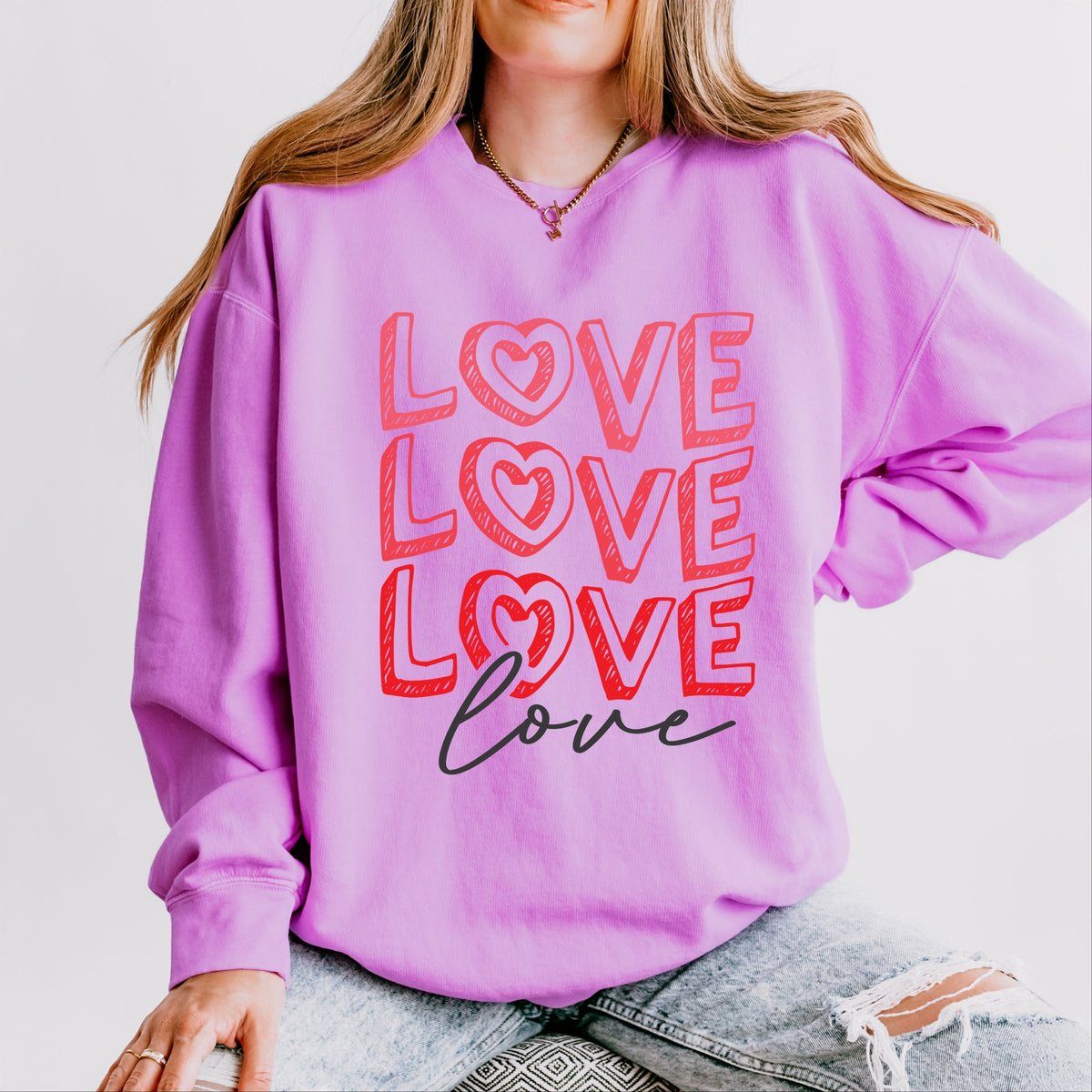 Love Stacked Sketched - Women's Lightweight Garment Dyed Sweatshirt