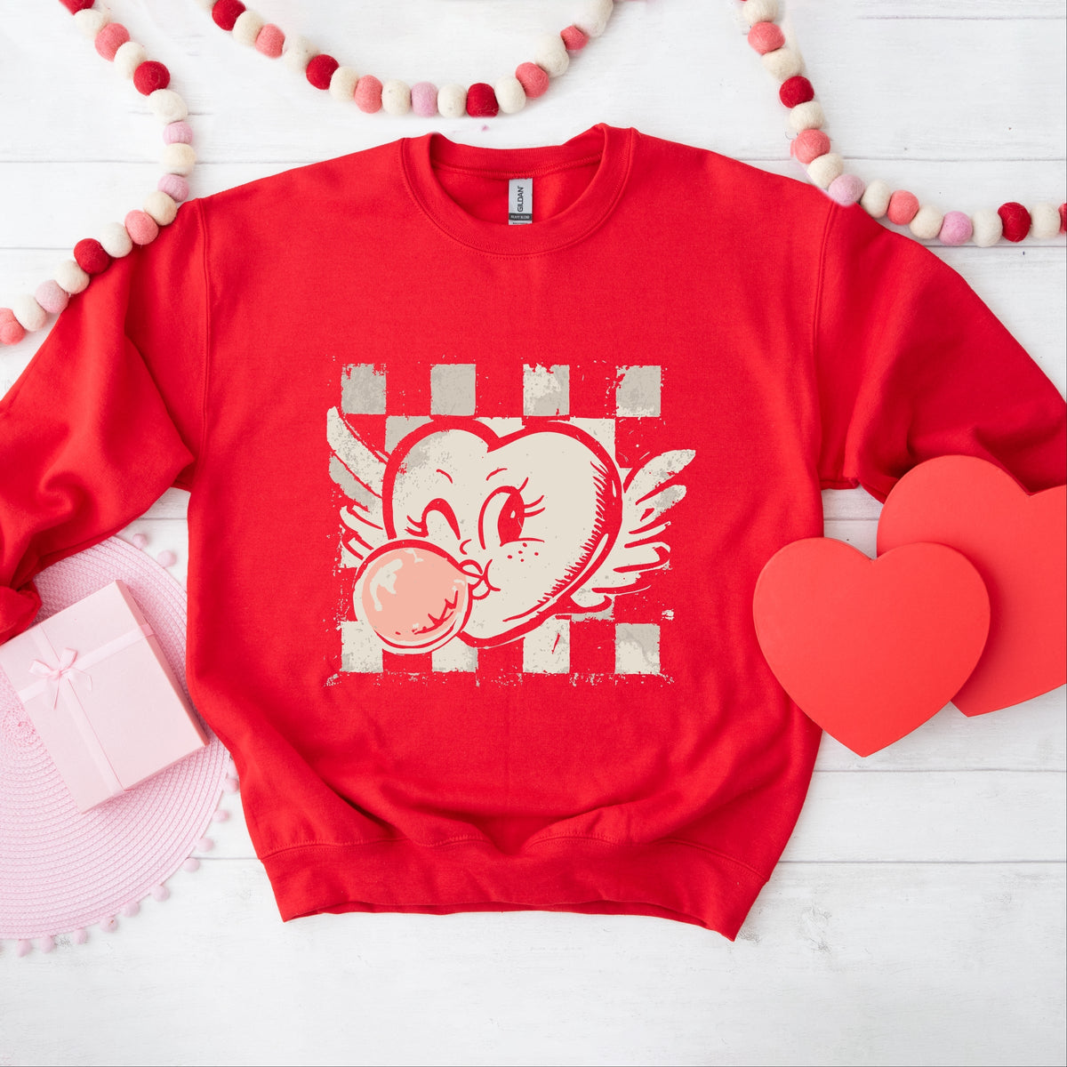 Heart Bubblegum Checkered - Women's Graphic Sweatshirt