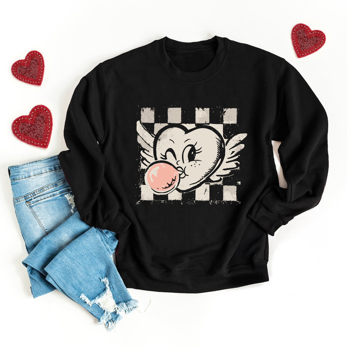 Heart Bubblegum Checkered - Women's Graphic Sweatshirt