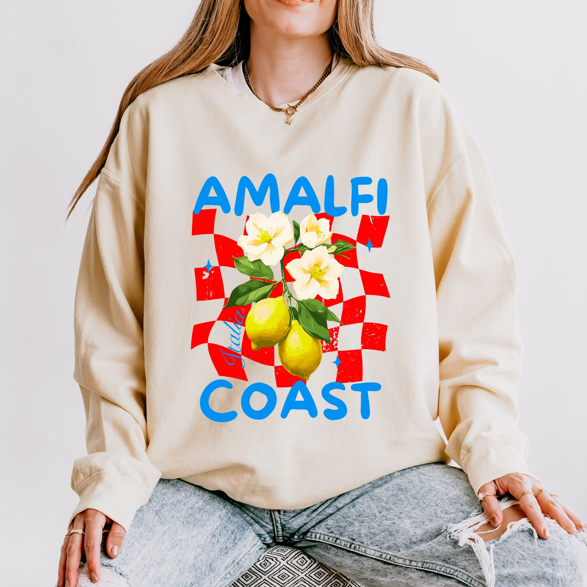 Amalfi Coast Red Checkerboard - Women's Lightweight Garment Dyed Sweatshirt