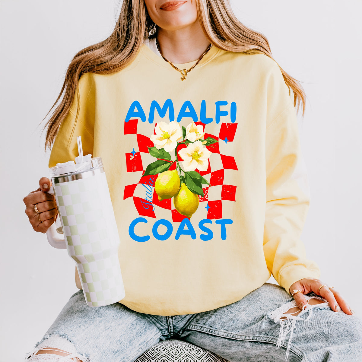 Amalfi Coast Red Checkerboard - Women's Lightweight Garment Dyed Sweatshirt