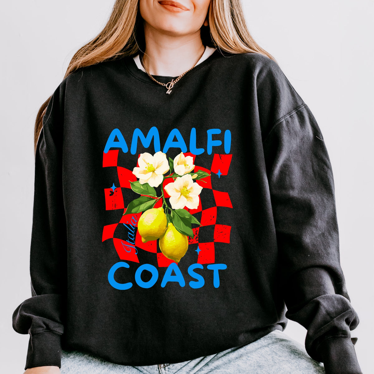 Amalfi Coast Red Checkerboard - Women's Lightweight Garment Dyed Sweatshirt