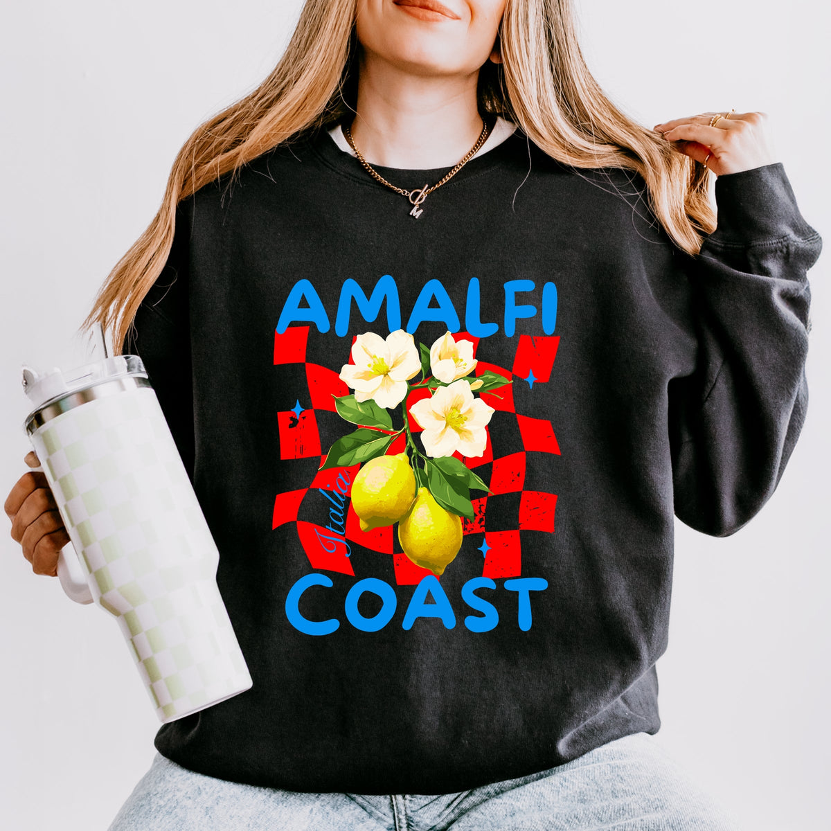 Amalfi Coast Red Checkerboard - Women's Lightweight Garment Dyed Sweatshirt