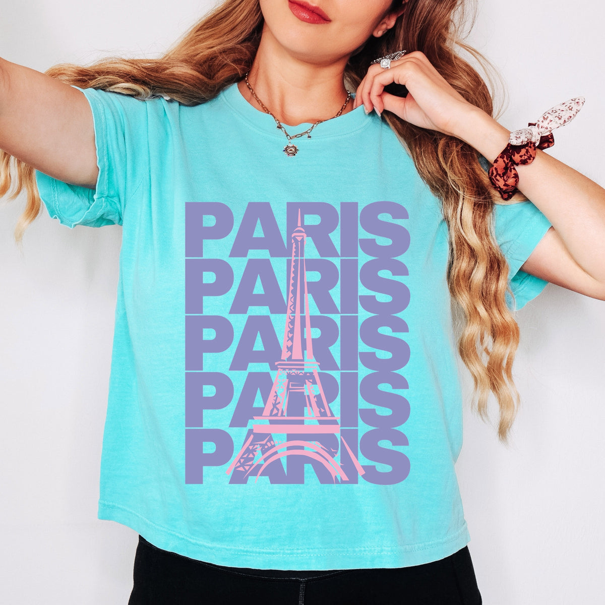 Paris Stacked Purple - Women's Boxy Crop Top Graphic T-Shirt