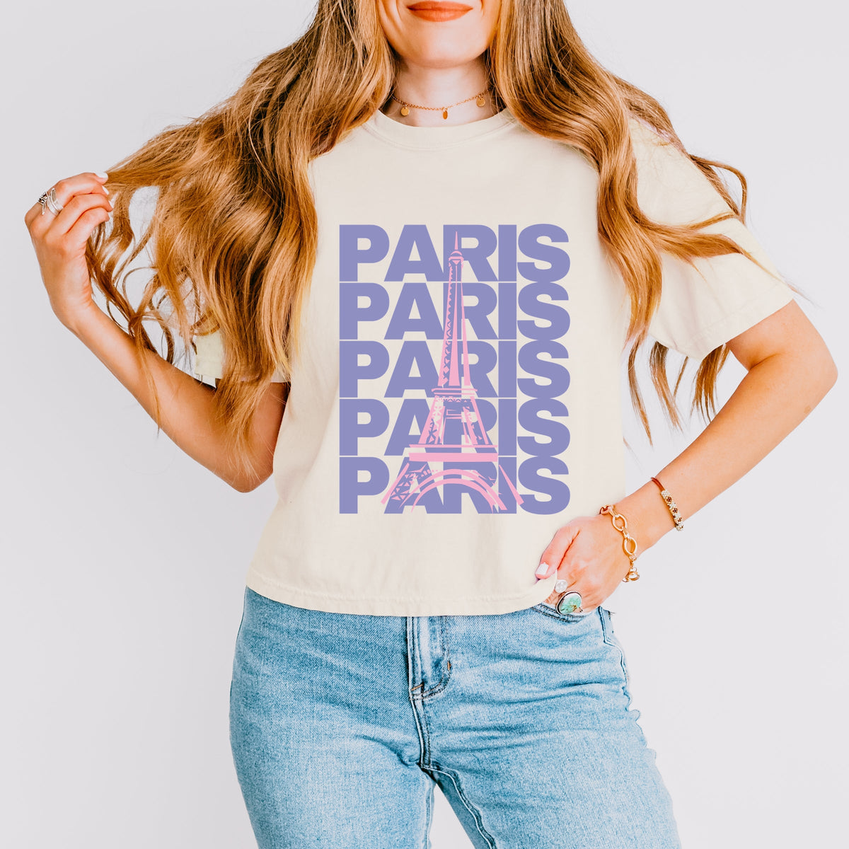 Paris Stacked Purple - Women's Boxy Crop Top Graphic T-Shirt