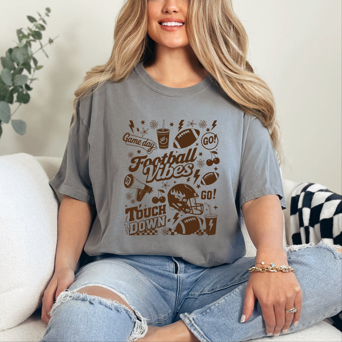 Football Vibes Touchdown Collage - Womens Garment Dyed Tee