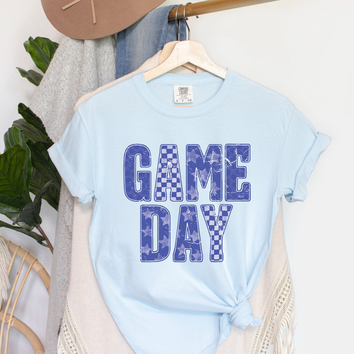 Game Day Blue Checkered - Womens Garment Dyed Tee