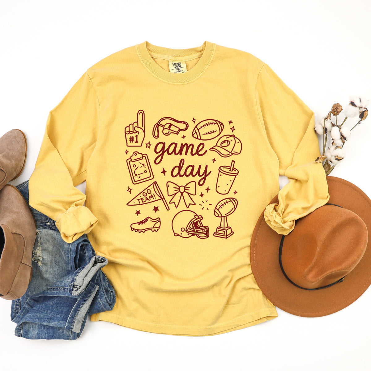Game Day Football Sketched Collage - Women's Garment Dyed Long Sleeve Graphic T-Shirt